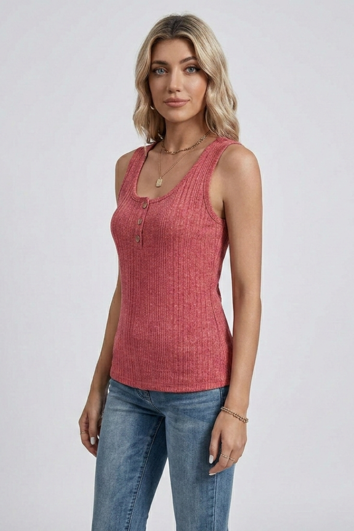 Women’s Tank Top with Button Placket and Ribbed Surface