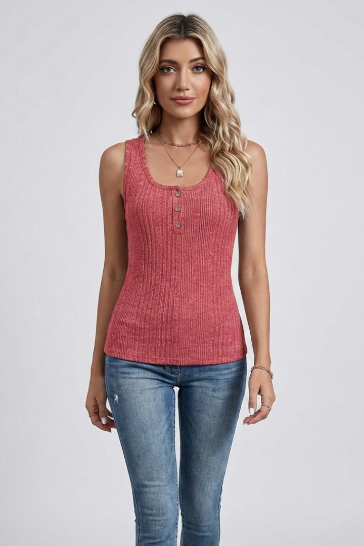 Women’s Tank Top with Button Placket and Ribbed Surface