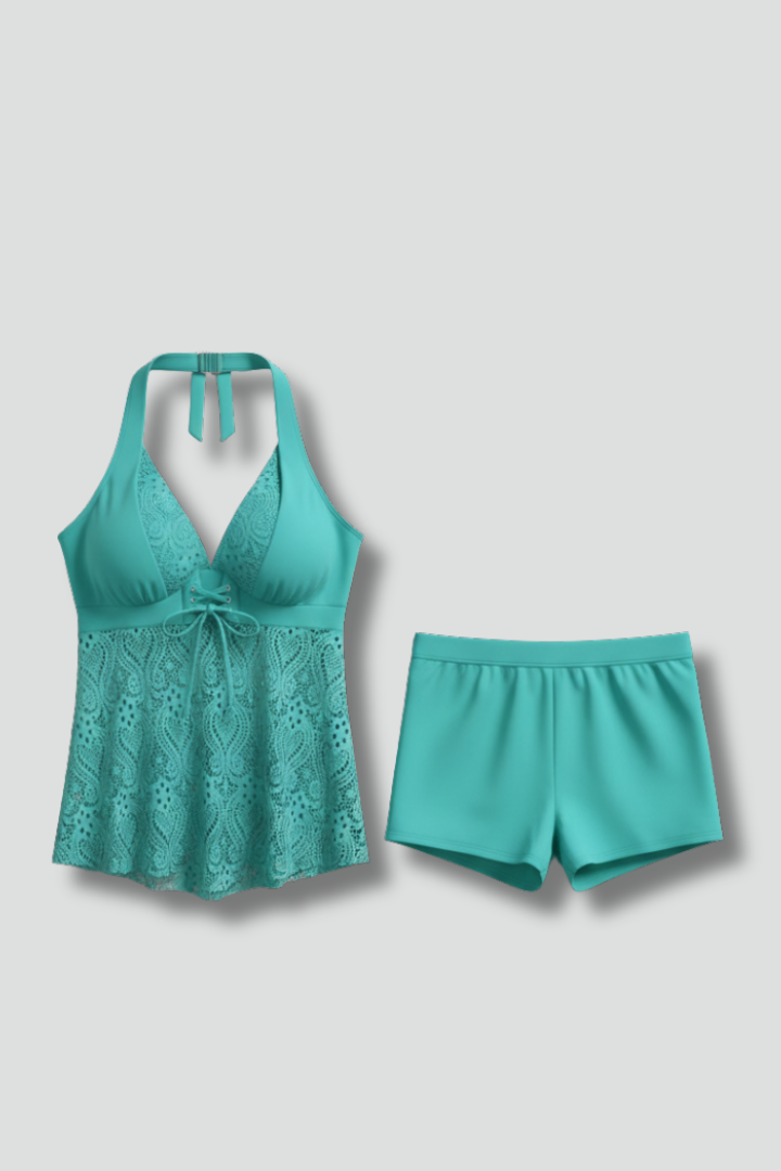 Women’s Tankini Set with V-Neck and Overlay