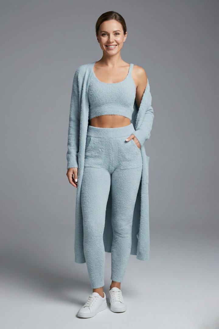 Women’s Three Piece Set with Crop Top and Open Cardigan