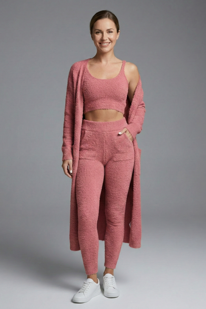 Women’s Three Piece Set with Crop Top and Open Cardigan