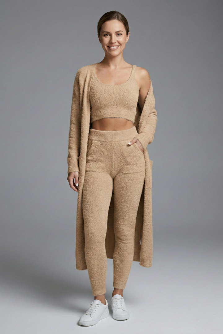 Women’s Three Piece Set with Crop Top and Open Cardigan
