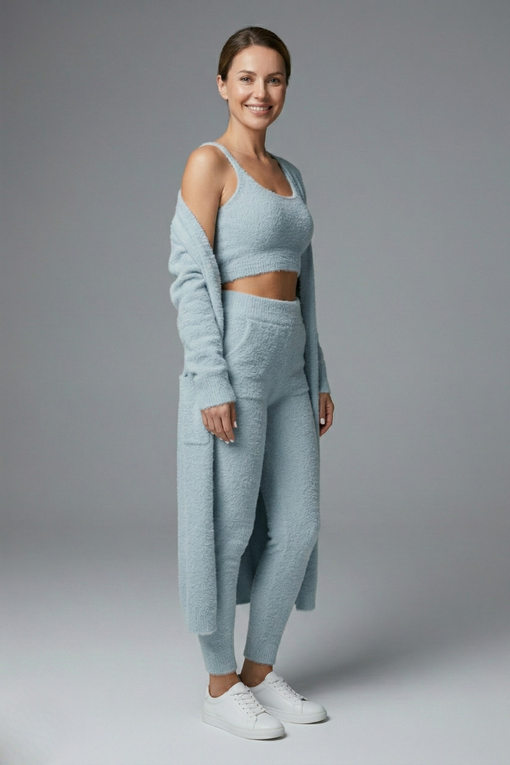 Women’s Three Piece Set with Crop Top and Open Cardigan