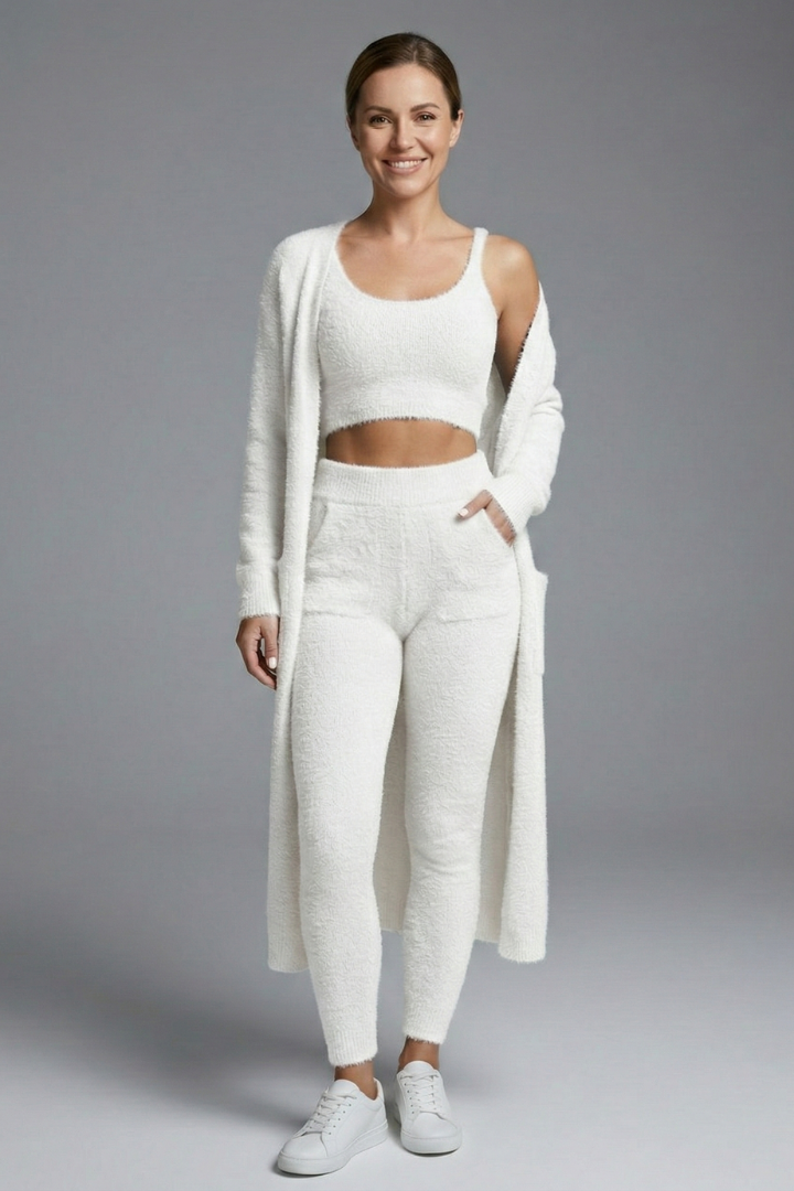 Women’s Three Piece Set with Crop Top and Open Cardigan