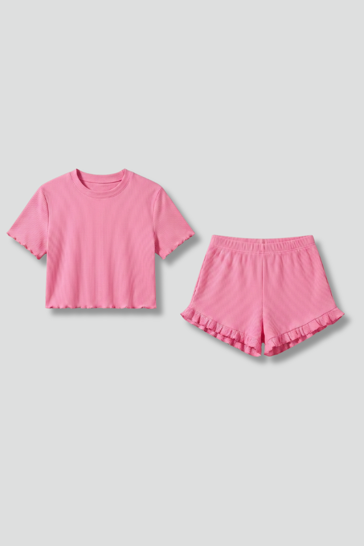 Women’s Top and Shorts Set with Round Neck and Ruffle Hem
