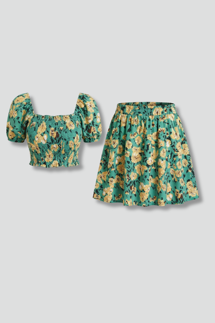 Women’s Top and Skirt Set with Square Neck and Elastic Waist