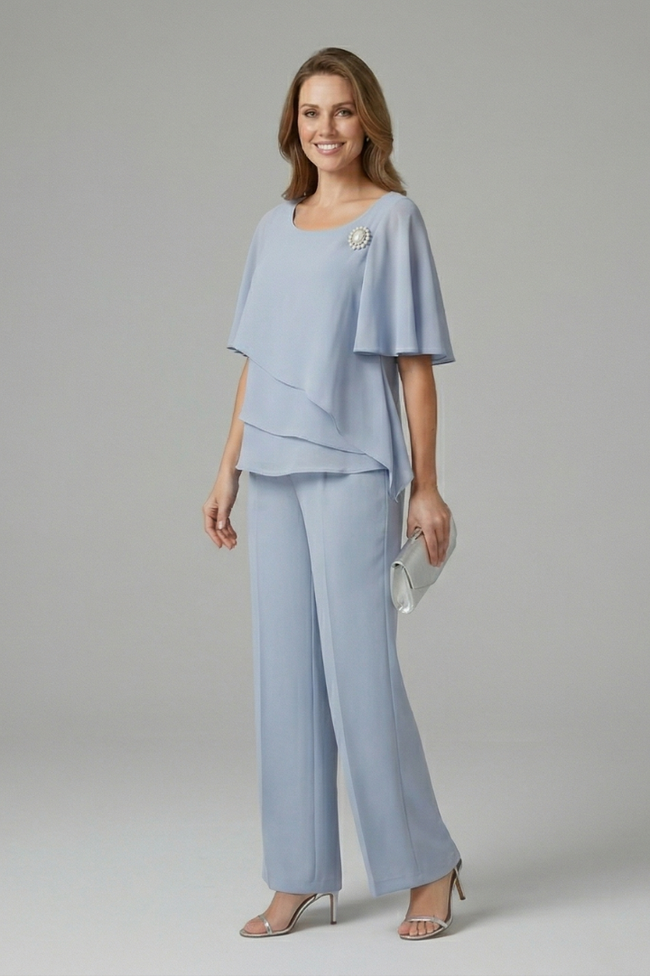 Women’s Top and Trousers Set with Layered Top and Straight Legs