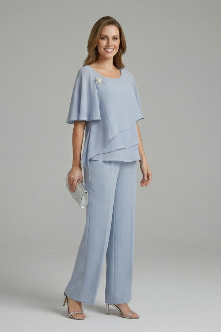Women’s Top and Trousers Set with Layered Top and Straight Legs