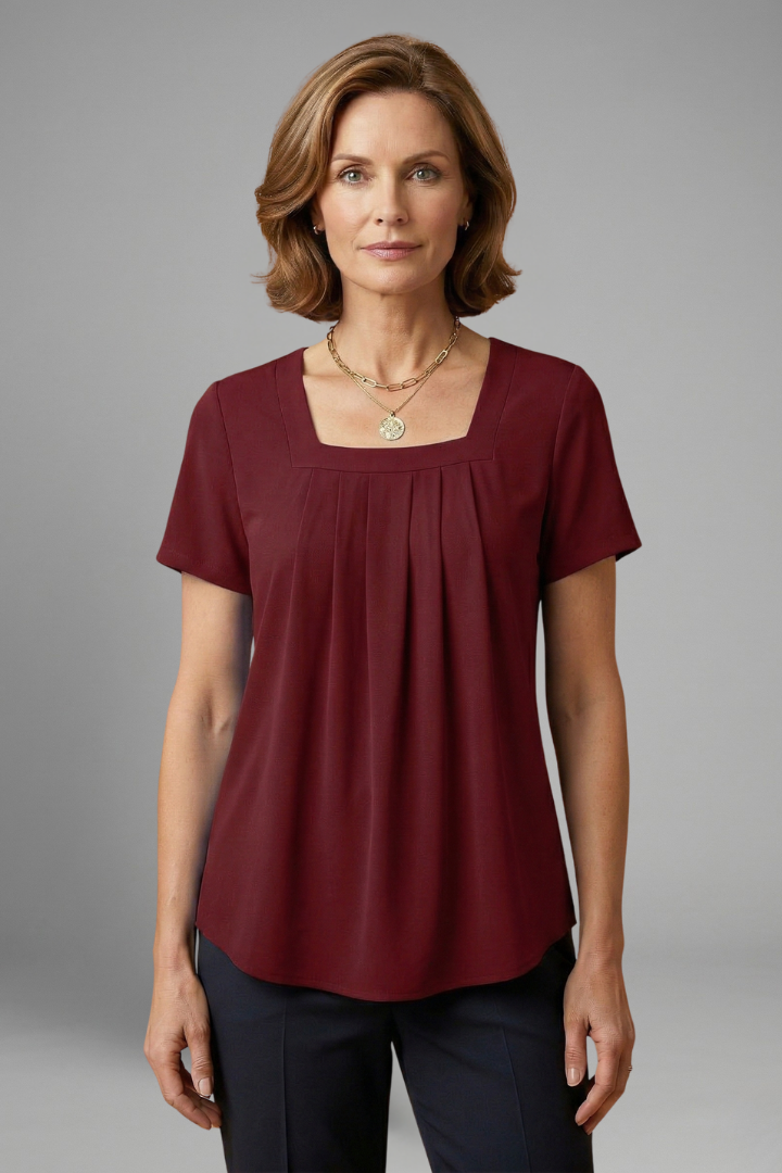 Women’s Tunic Top with Square Neck and Pleated Front