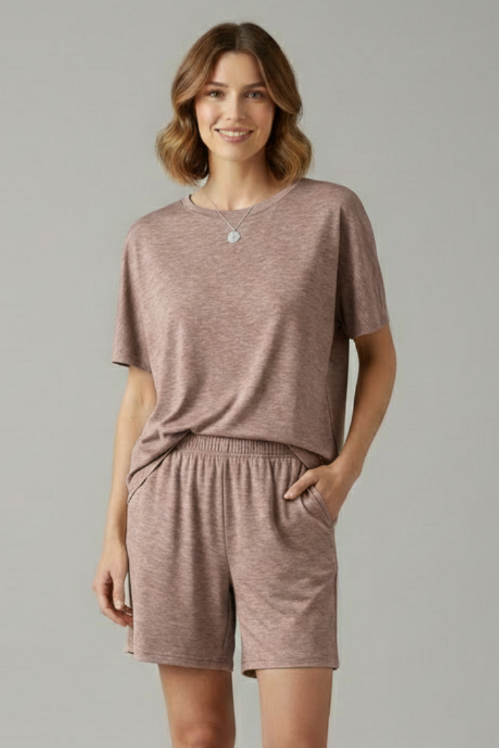 Women’s Two-Piece Set with Round Neck Top and Elastic Waist Shorts