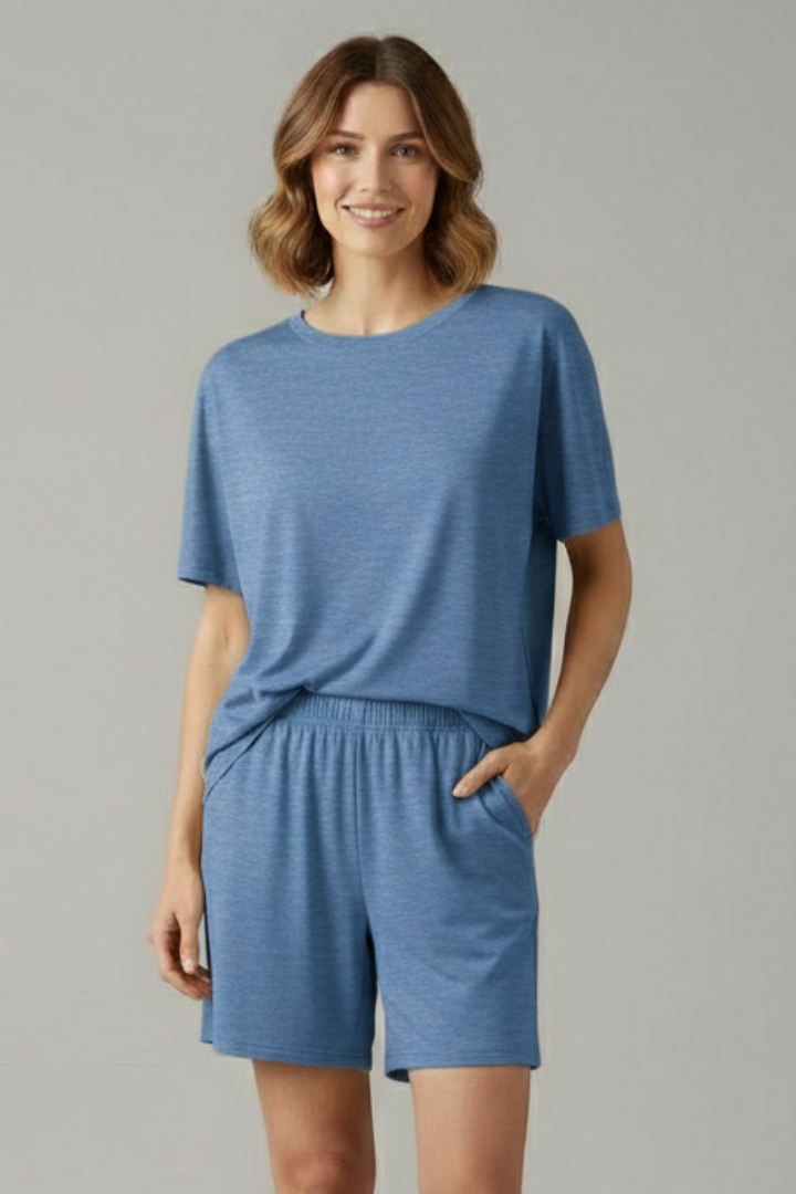 Women’s Two-Piece Set with Round Neck Top and Elastic Waist Shorts