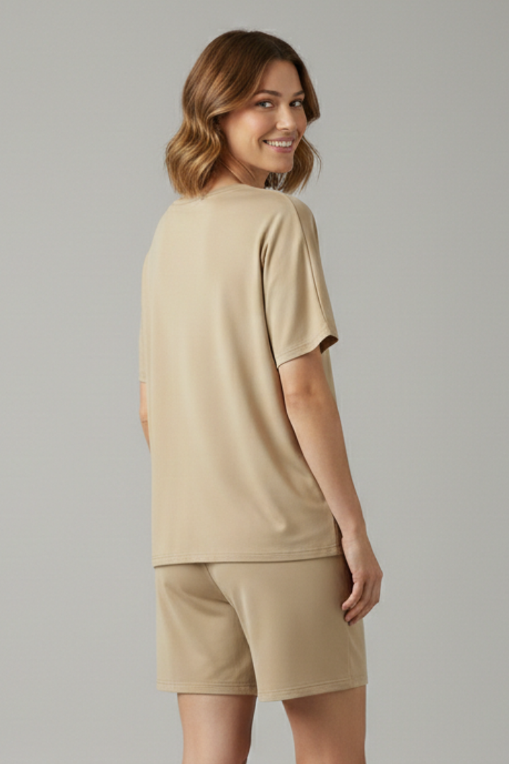 Women’s Two-Piece Set with Round Neck Top and Elastic Waist Shorts