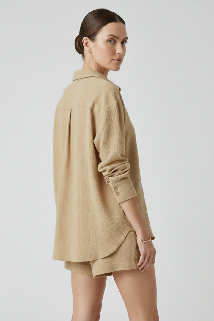 Women’s Two-Piece Set with Collared Shirt and Shorts