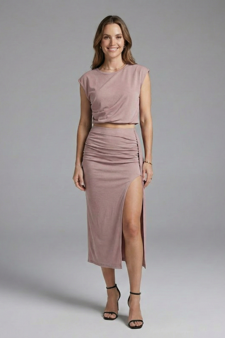 Women’s Two Piece Set with Asymmetric Top and Midi Skirt