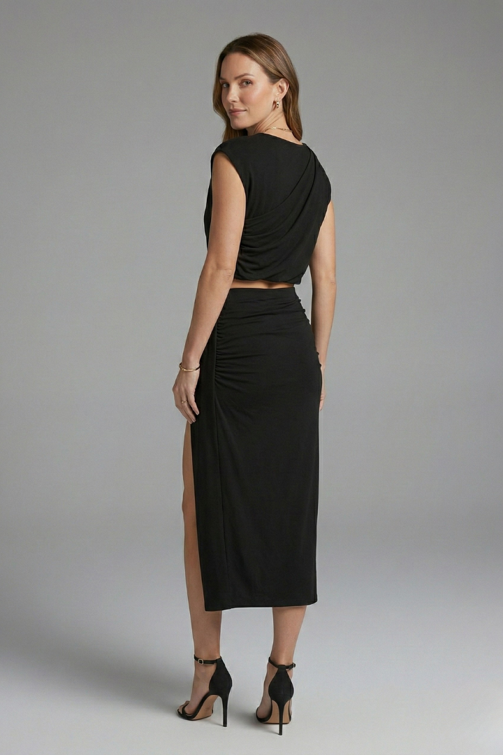 Women’s Two Piece Set with Asymmetric Top and Midi Skirt