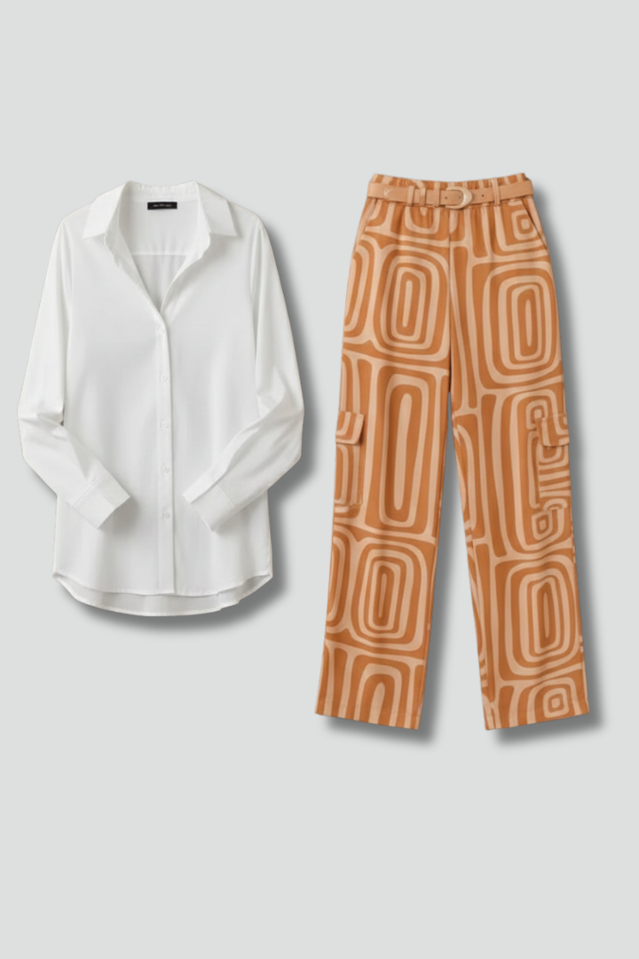 Women’s Two Piece Set with Collared Blouse and Printed Trousers