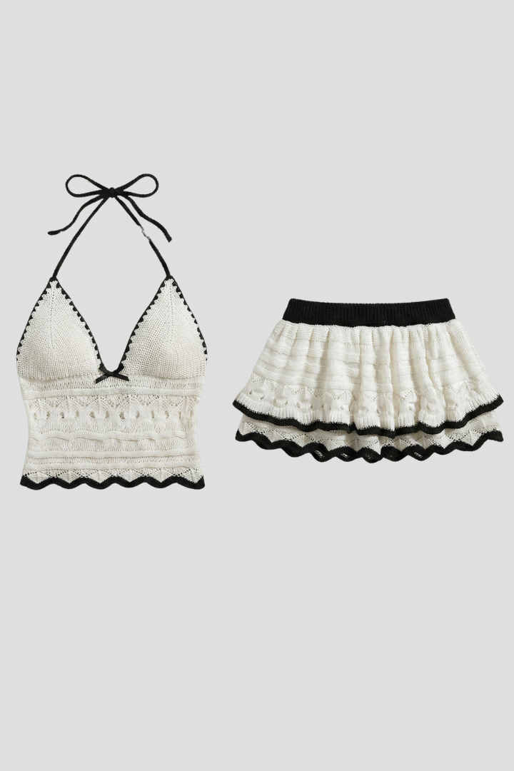 Women’s Two Piece Set with Halterneck Top and Ruffle Mini Skirt