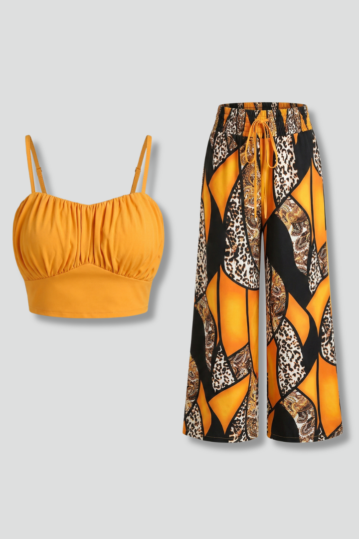 Women’s Two Piece Set with Printed Crop Top and Wide Leg Trousers