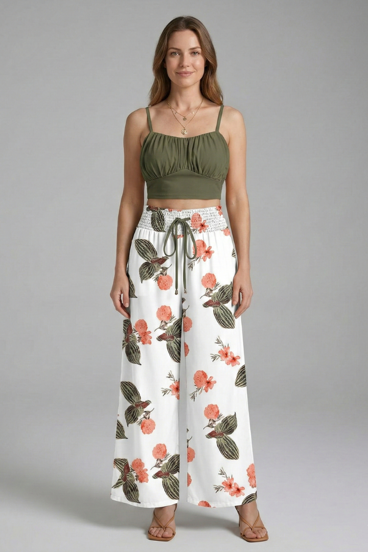 Women’s Two Piece Set with Printed Crop Top and Wide Leg Trousers