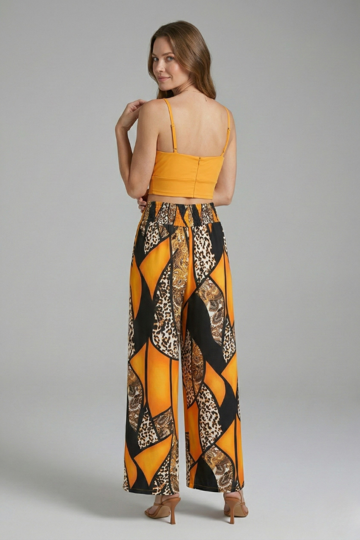 Women’s Two Piece Set with Printed Crop Top and Wide Leg Trousers