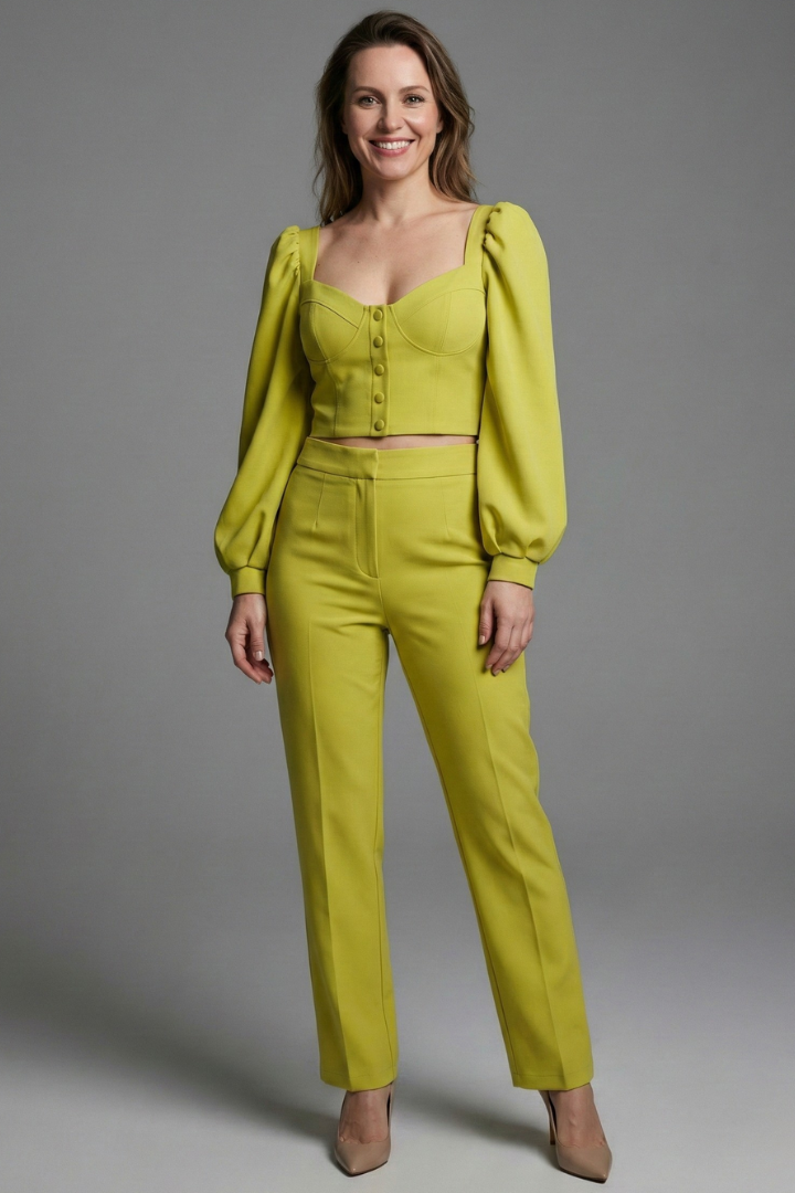 Women’s Two Piece Set with Puff Sleeve Top and Flared Trousers