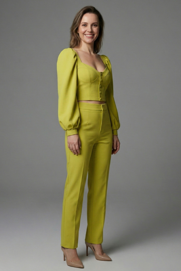 Women’s Two Piece Set with Puff Sleeve Top and Flared Trousers