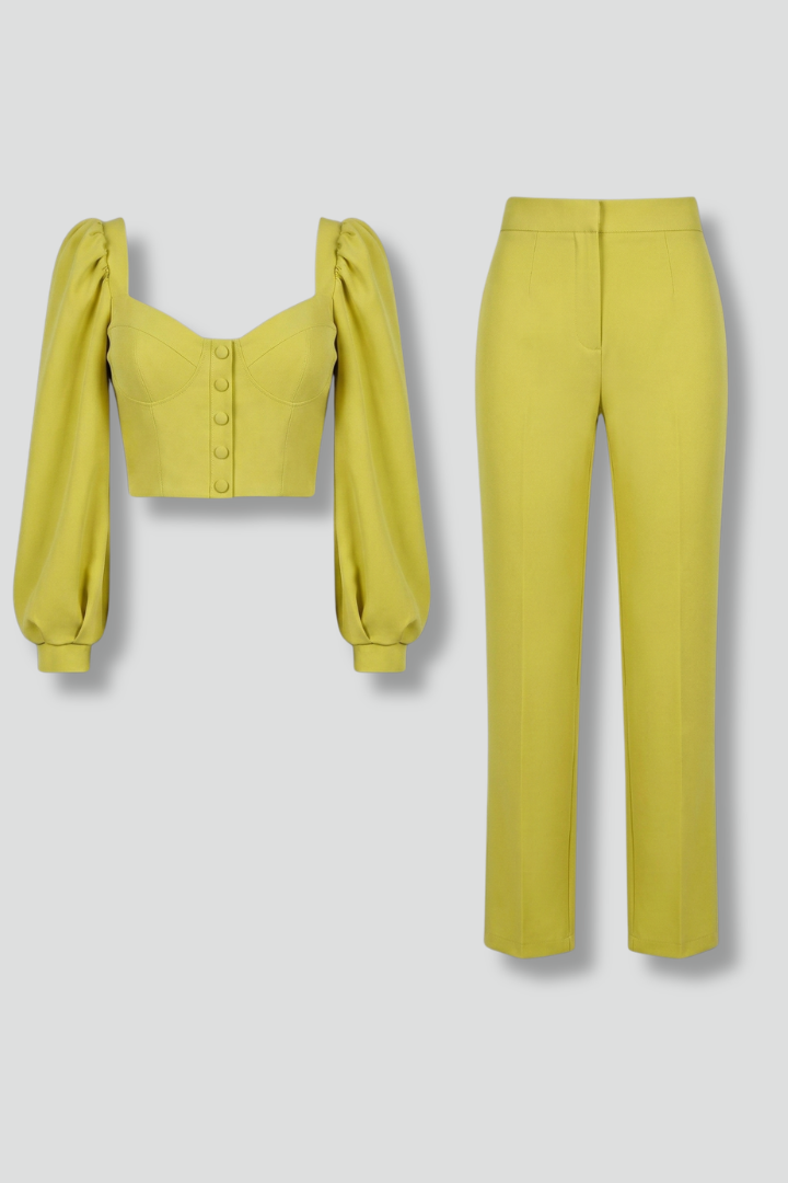 Women’s Two Piece Set with Puff Sleeve Top and Flared Trousers