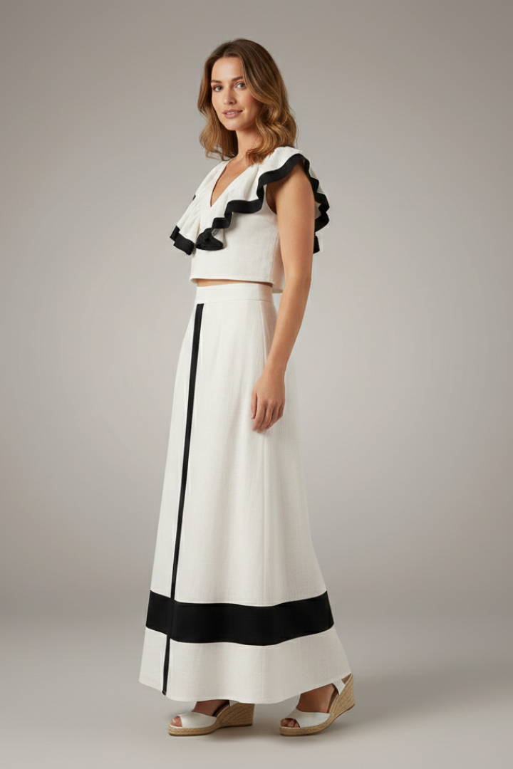 Women’s Two Piece Set with V-Neck Top and Midi Skirt
