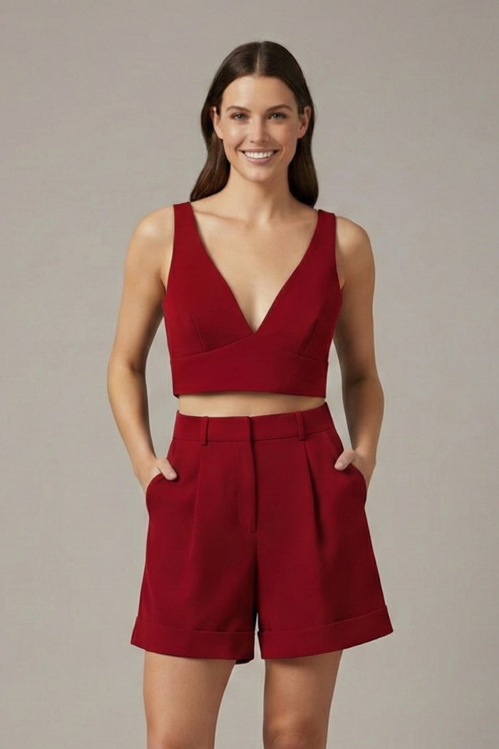 Women’s Two Piece Set with V-Neck and Pockets