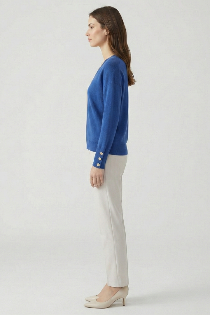 Women’s V-Neck Sweater with Dropped Shoulders and Buttoned Cuffs