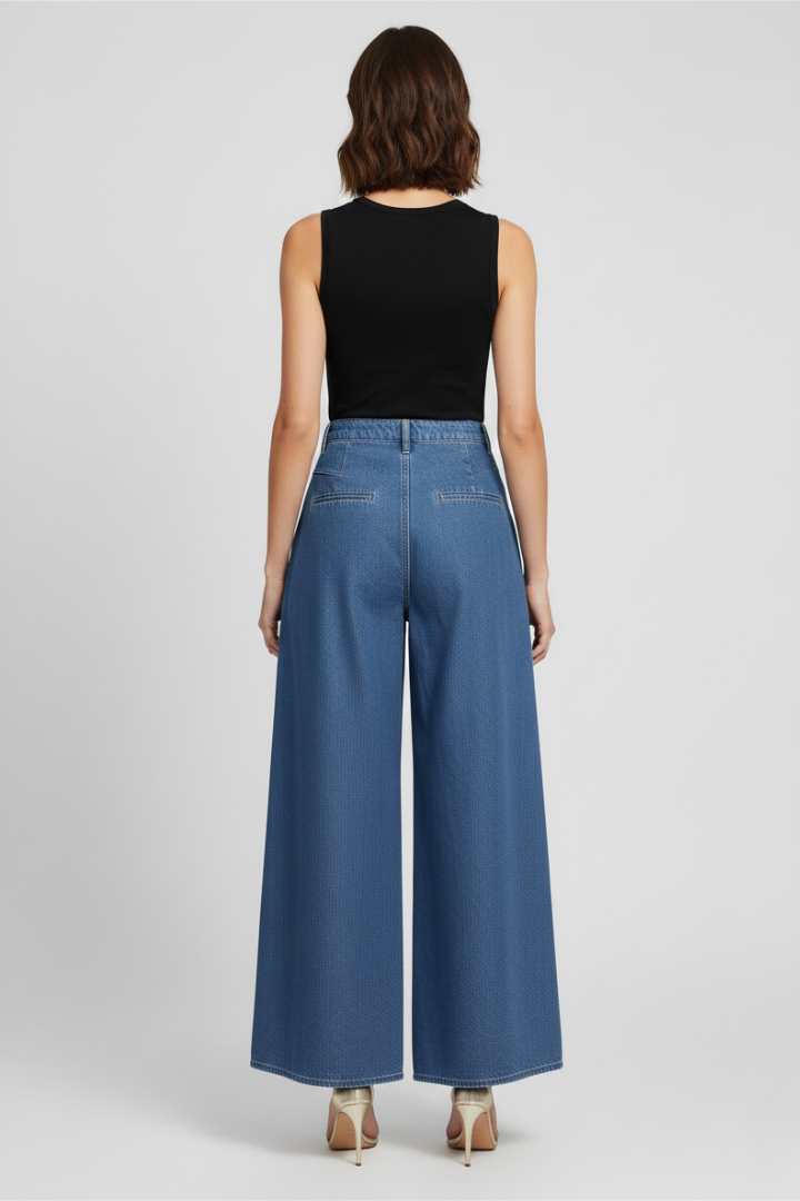 Women’s Wide-Leg Jeans with Washed Surface and Zipper Closure