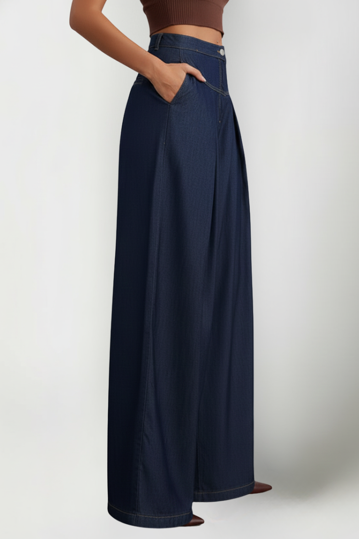 Women’s Wide-Leg Trousers with Front Pleats and Button Fastening