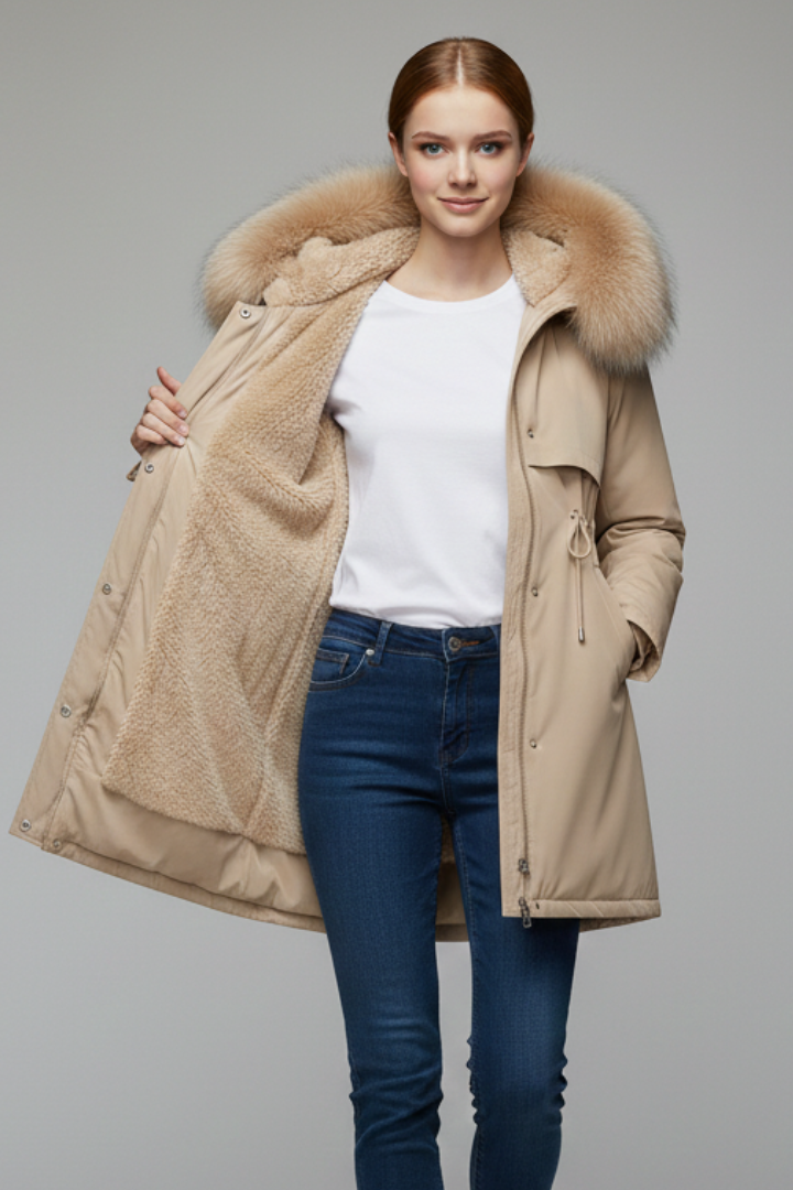 Women’s Winter Jacket with Faux Fur Collar and Adjustable Waist