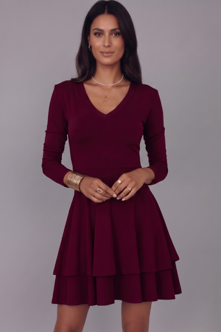 Women’s Short Dress with V-Neck and Long Sleeves