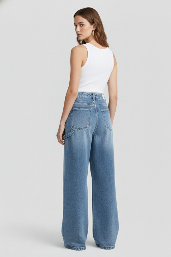 Women’s Wide-Leg Jeans with Button Fastening and Curved Front Pockets