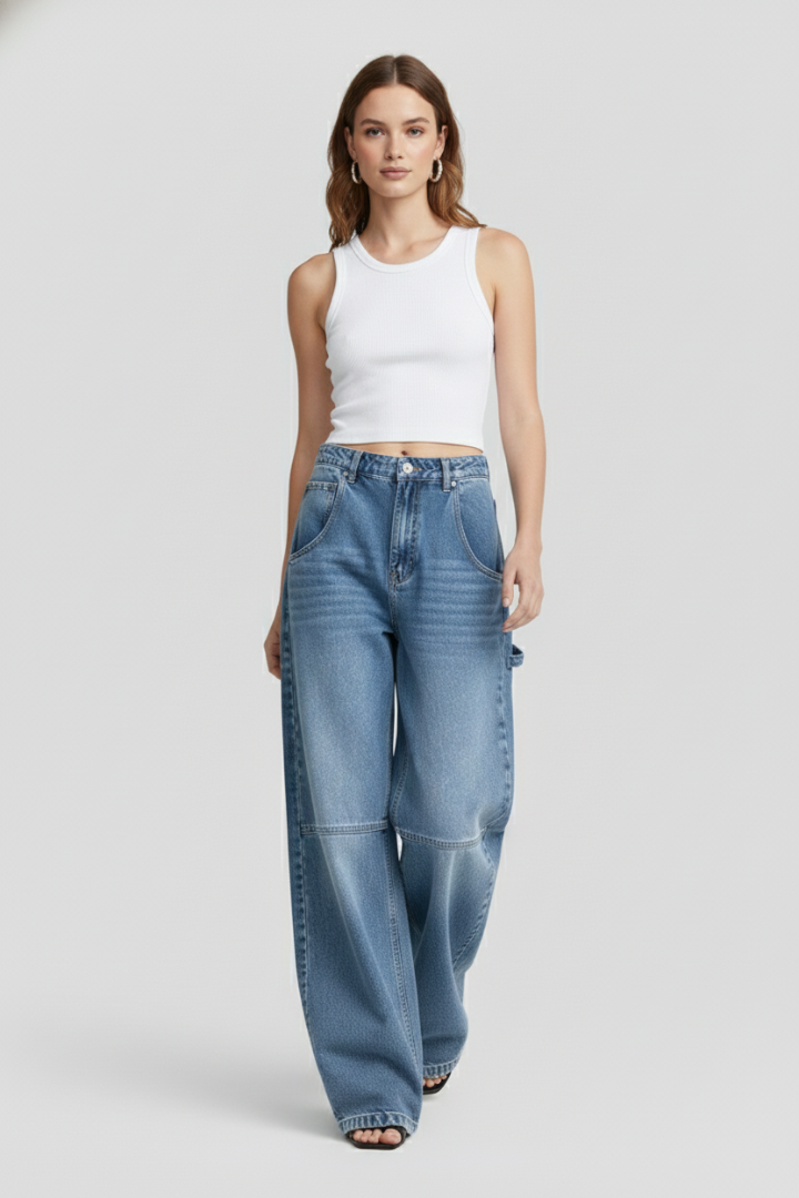 Women’s Wide-Leg Jeans with Button Fastening and Curved Front Pockets