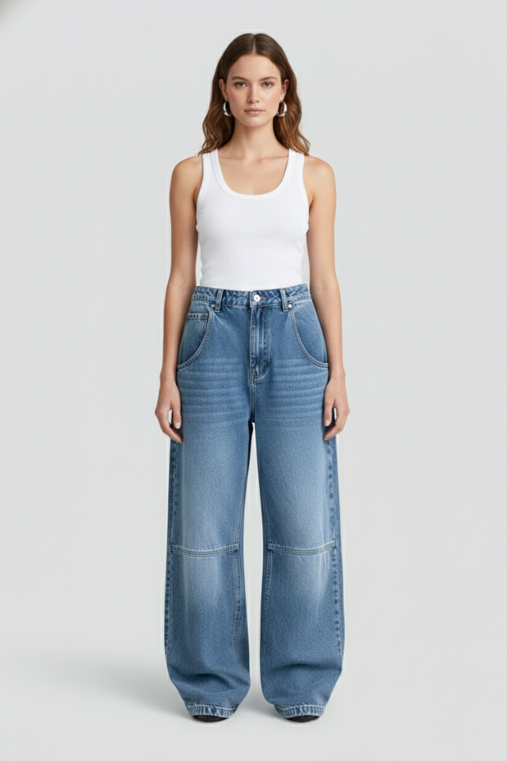 Women’s Wide-Leg Jeans with Button Fastening and Curved Front Pockets