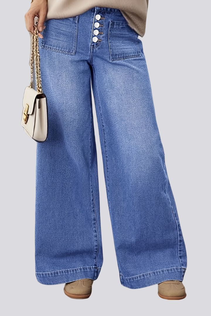 Women’s Wide-Leg Jeans with Button Front and Patch Pockets
