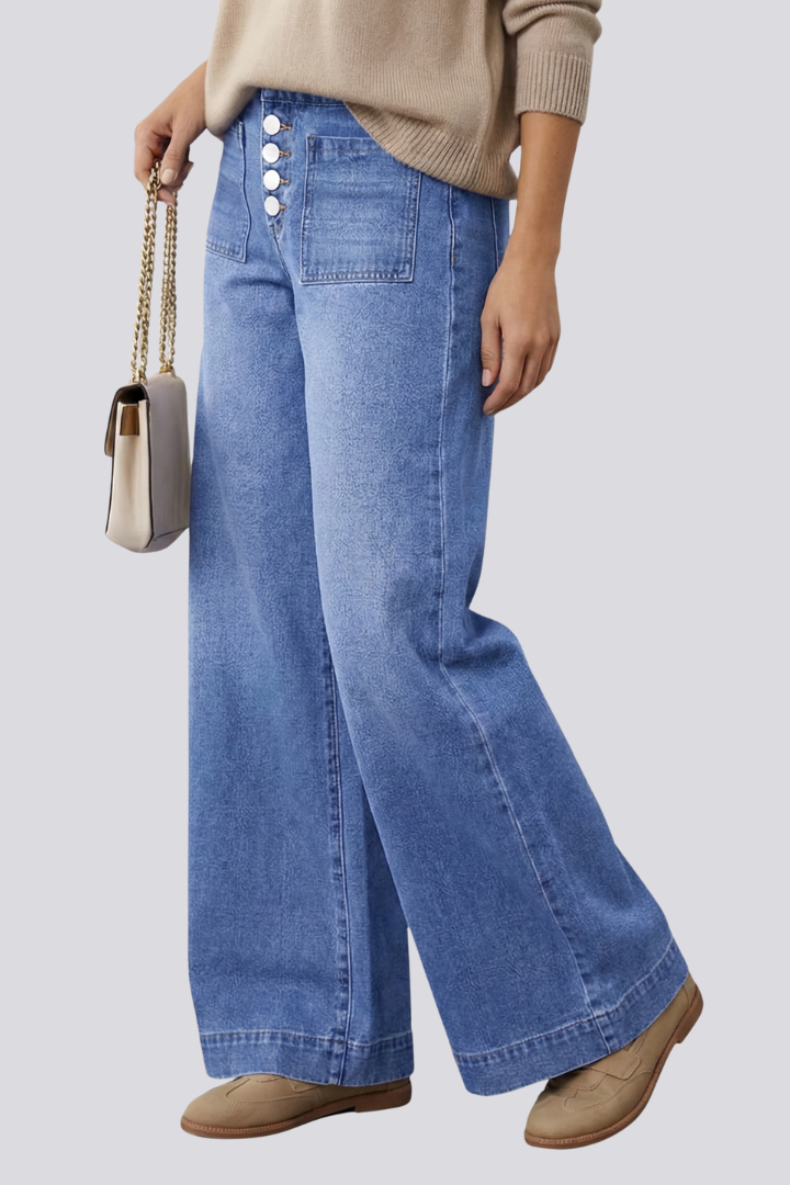 Women’s Wide-Leg Jeans with Button Front and Patch Pockets